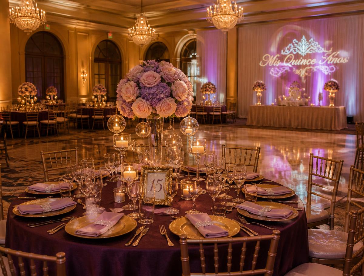 Resort ballroom set with blush and lavender centerpieces on plum linens