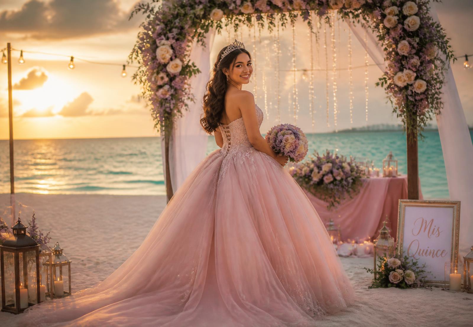 Quinceañera in a blush ballgown beside a lavender floral arch on a resort beach at sunset